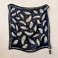 Chanel CC Logo & Feather Print Silk Square Scarf Black & White With Carry Bag