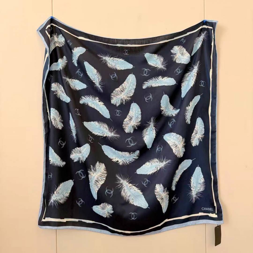 Chanel CC Logo & Feather Print Silk Square Scarf Navy Blue & Sky Blue With Carry Bag