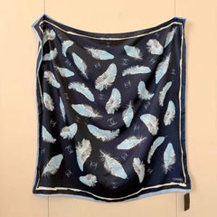 Chanel CC Logo & Feather Print Silk Square Scarf Navy Blue & Sky Blue With Carry Bag