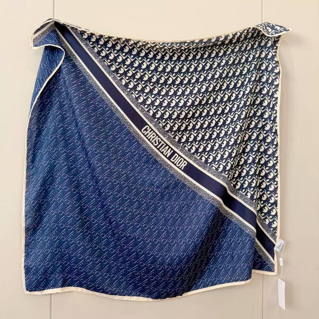 Dior Oblique Monogram Reversible Silk Square Scarf Navy Blue & White With Carry Bag