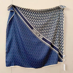 Dior Oblique Monogram Reversible Silk Square Scarf Navy Blue & White With Carry Bag