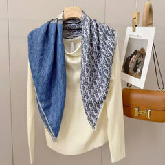 Dior Oblique Light Blue & Grey Printed Silk Scarf With Carry Bag