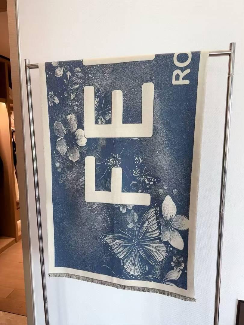 Fendi Roma Logo Butterfly & Floral Print Wool Blend Scarf Navy Blue & Cream With Carry Bag