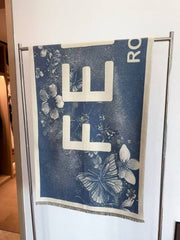 Fendi Roma Logo Butterfly & Floral Print Wool Blend Scarf Navy Blue & Cream With Carry Bag