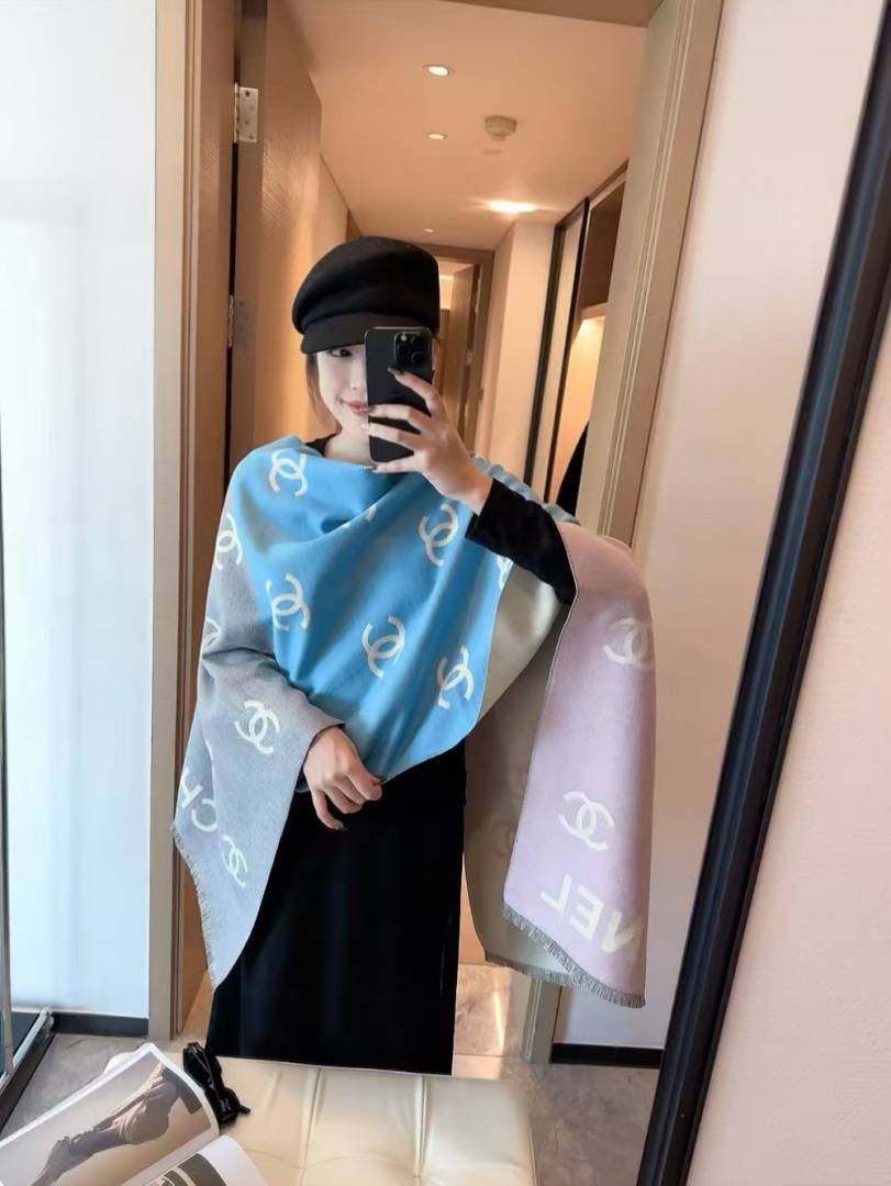 Chanel CC Logo Gradient Print Wool Blend Scarf Blue Grey & Pink With Carry Bag