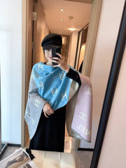 Chanel CC Logo Gradient Print Wool Blend Scarf Blue Grey & Pink With Carry Bag