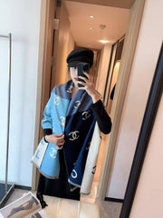 Chanel CC Logo Gradient Color block Wool Blend Scarf Blue Navy Blue & Grey With Carry Bag