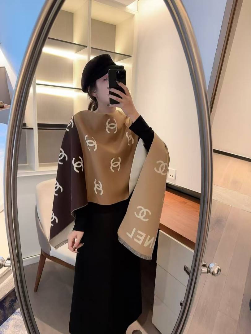 Chanel CC Logo Color block Wool Blend Scarf Camel Dark Brown & Beige With Carry Bag