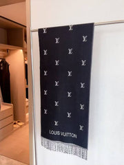 Louis Vuittion LV Logo Pattern Wool Blend Scarf Black & White With Carry Bag