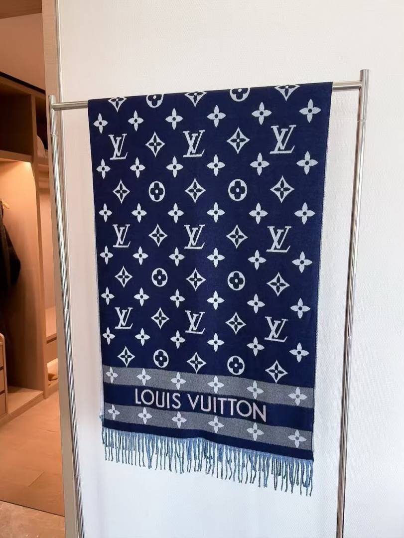 Louis Vuittion Monogram Pattern Wool Blend Scarf Navy Blue & Grey With Carry Bag