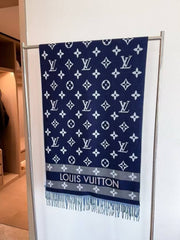 Louis Vuittion Monogram Pattern Wool Blend Scarf Navy Blue & Grey With Carry Bag