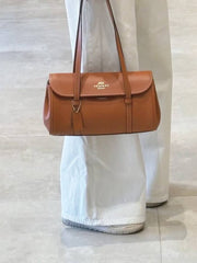 Coach Bridget Flap Shoulder Bag Smooth Leather Gold Brown Tan With OG Box & Dust Cover