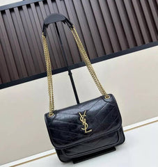 Ysl Saint Laurent Niki Medium Chain Bag Black Quilted Crinkled Leather With OG Box Carry Bag 1325 Black