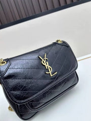 Ysl Saint Laurent Niki Medium Chain Bag Black Quilted Crinkled Leather With OG Box Carry Bag 1325 Black