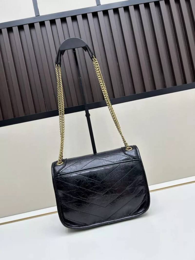 Ysl Saint Laurent Niki Medium Chain Bag Black Quilted Crinkled Leather With OG Box Carry Bag 1325 Black