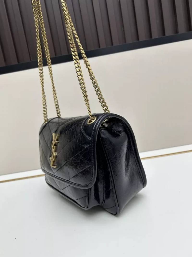 Ysl Saint Laurent Niki Medium Chain Bag Black Quilted Crinkled Leather With OG Box Carry Bag 1325 Black