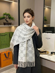 Celine Triomphe Monogram Wool Blend Scarf Grey & White With Carry Bag