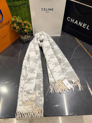 Celine Triomphe Monogram Wool Blend Scarf Grey & White With Carry Bag