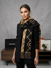 Chanel CC Diamond Pattern Fringed Wool Blend Scarf Black & Brown With Brand Carry Bag CH02
