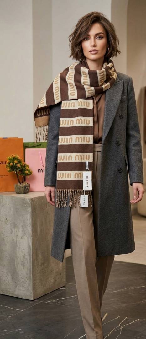Miu Miu Logo Stripe Fringed Wool Blend Scarf Brown & Beige With Carry Bag M1