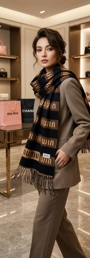 Miu Miu Logo Stripe Fringed Wool Blend Scarf Black & Brown With Carry Bag M1