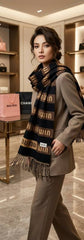 Miu Miu Logo Stripe Fringed Wool Blend Scarf Black & Brown With Carry Bag M1