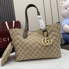 Gucci GG Marmont Large Tote Bag Sand & Brown GG Canvas With Chevron Quilting Pouch Antique Hardware With Carry Bag 855279