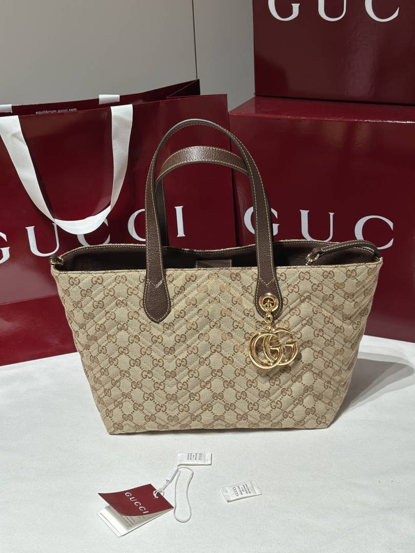 Gucci GG Marmont Large Tote Bag Sand & Brown GG Canvas With Chevron Quilting Pouch Antique Hardware With Carry Bag 855279