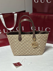 Gucci GG Marmont Large Tote Bag Sand & Brown GG Canvas With Chevron Quilting Pouch Antique Hardware With Carry Bag 855279