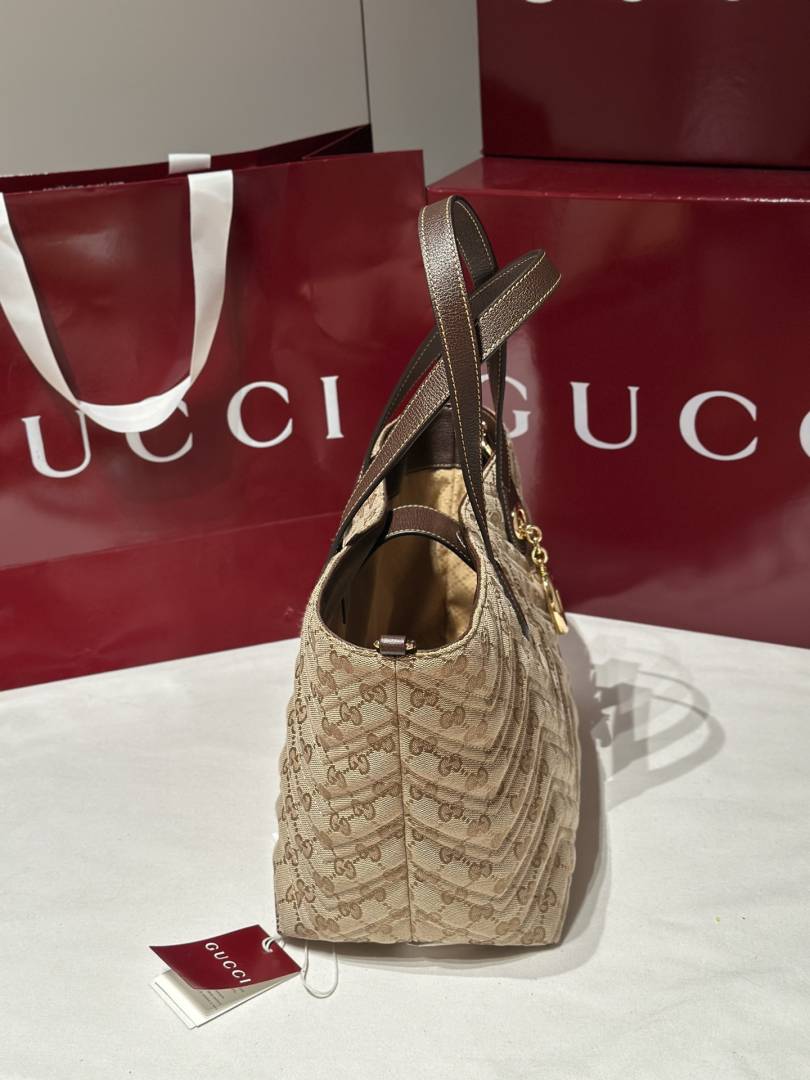 Gucci GG Marmont Large Tote Bag Sand & Brown GG Canvas With Chevron Quilting Pouch Antique Hardware With Carry Bag 855279
