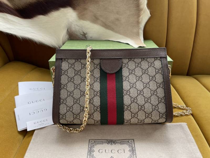 Gucci Medium Ophidia Monogram Stripe Shoulder Bag With OG Box Dust Bag 503877 Coffee