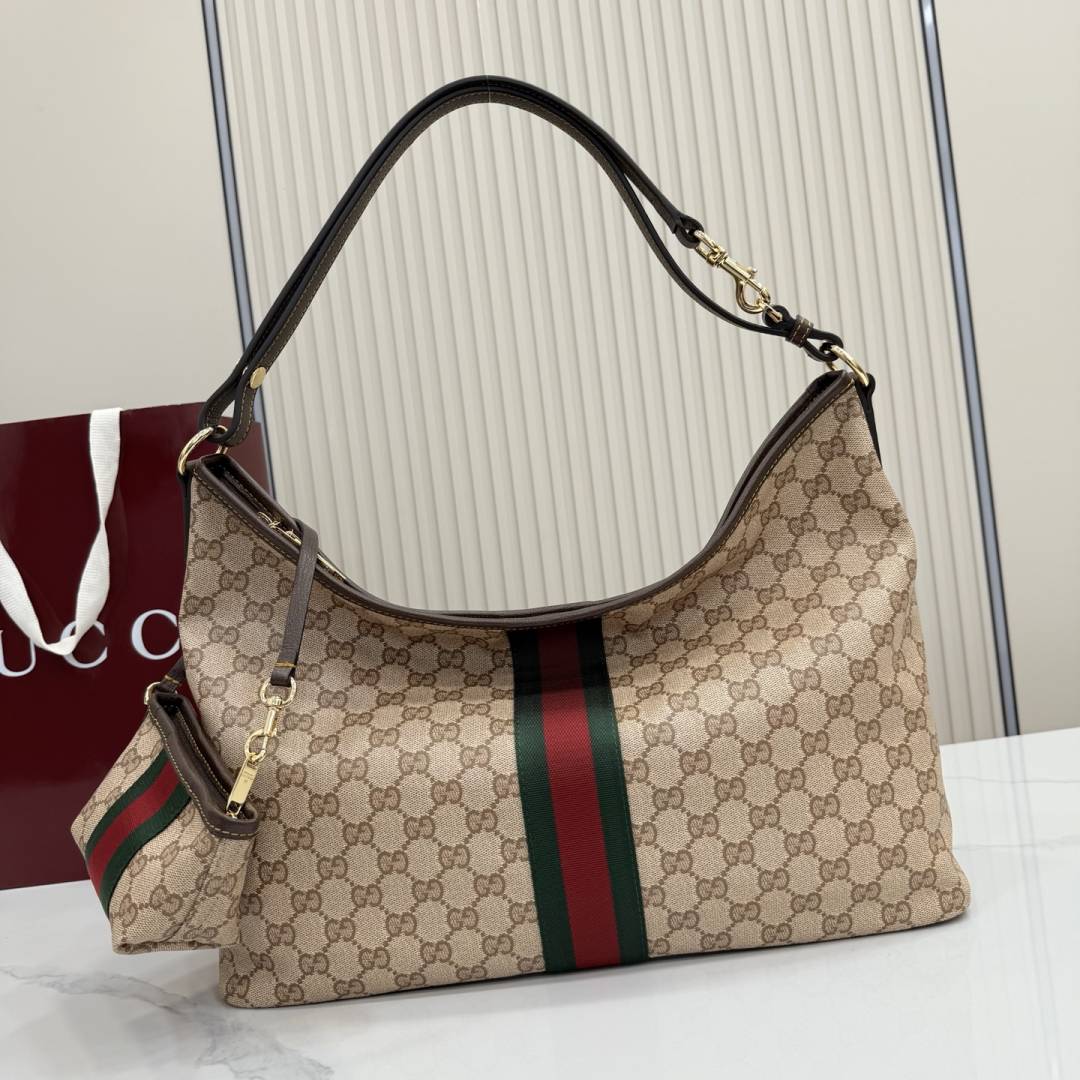 Gucci Web Large Shoulder Bag With Pouch In Sand & Brown GG Tote Bag With Dust Cover A008