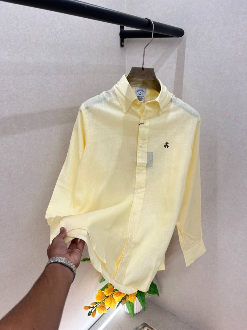 Brooks Brothers Linen Yellow Embroidery Logo Premium Shirts F4039 YE