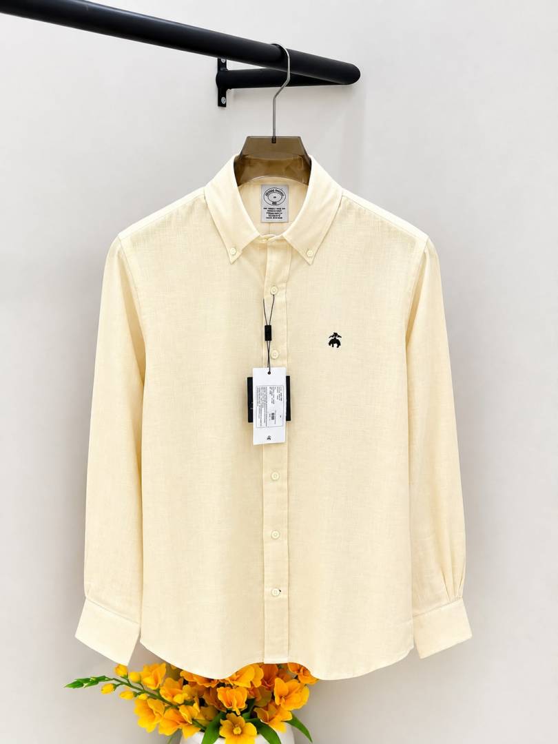 Brooks Brothers Linen Beige Embroidery Logo Premium Shirts F4039 BE