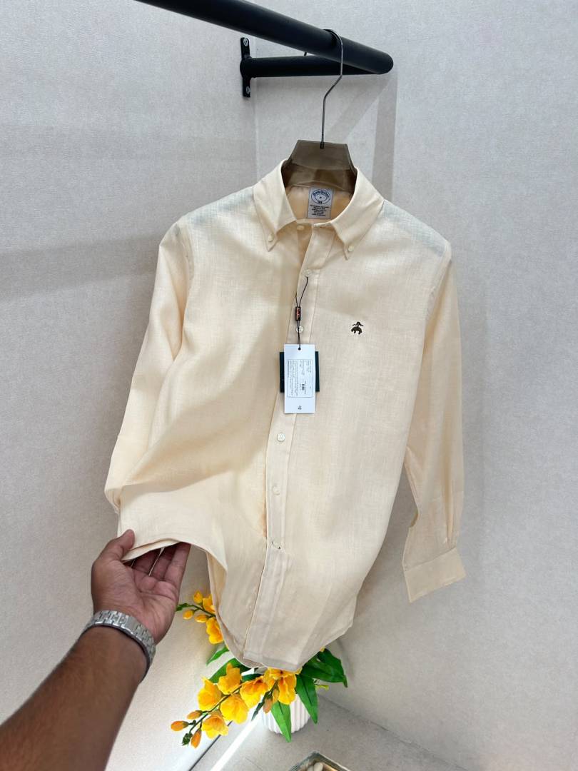 Brooks Brothers Linen Beige Embroidery Logo Premium Shirts F4039 BE