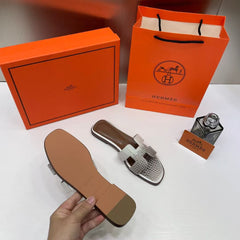 Hermes Paris Oran Flats Croc Leather White For Her With OG Box & Carry Bag White Slide