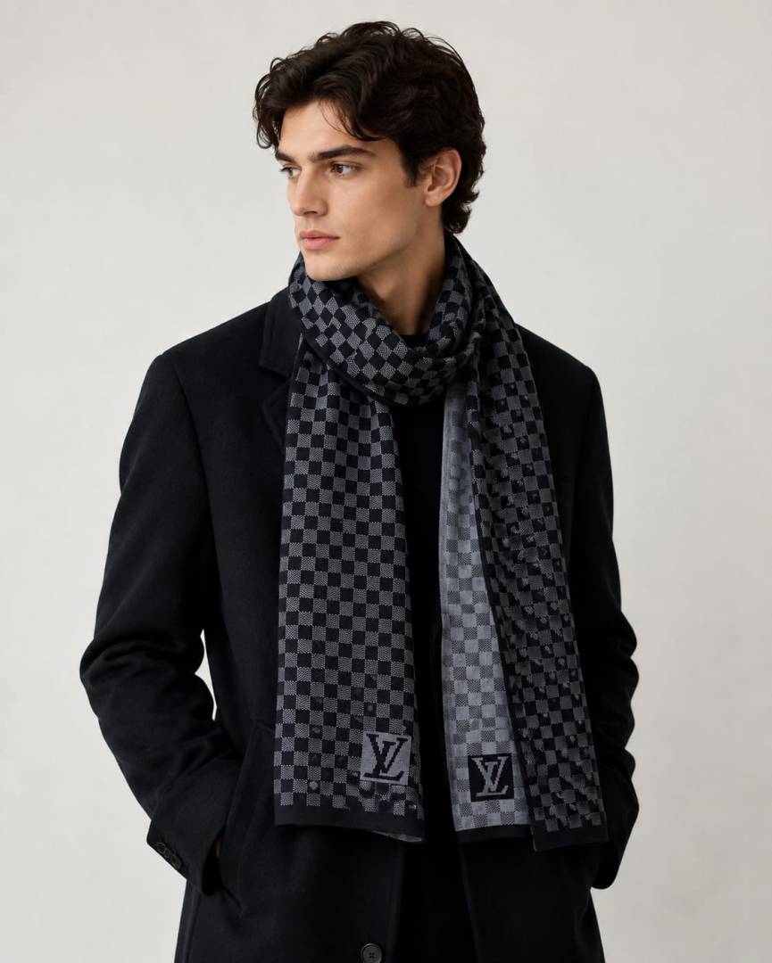 Louis Vuittion Black & Grey Damier Checkered Winter Scarf With Fringes With OG Box & Carry Bag