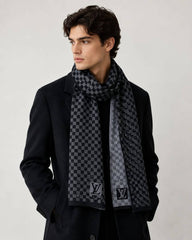 Louis Vuittion Black & Grey Damier Checkered Winter Scarf With Fringes With OG Box & Carry Bag