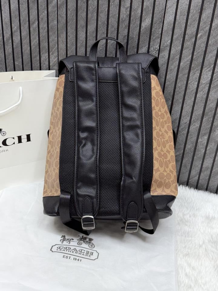 Coach Warner Backpack Signature Canvas Coated Canvas & Leather With Dust Cover Apricot Black 909