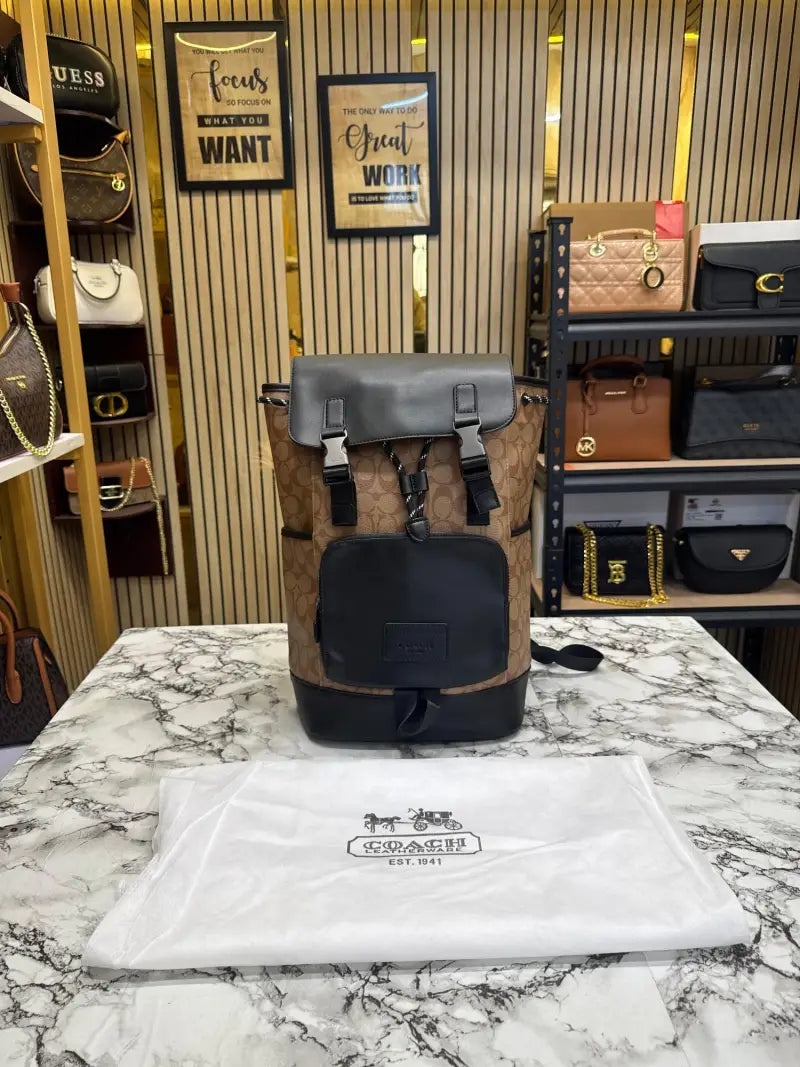 Coach Signature Canvas Charter Backpack with Black Leather Flap Dual Buckle Closures & Front Zip Pocket (058)
