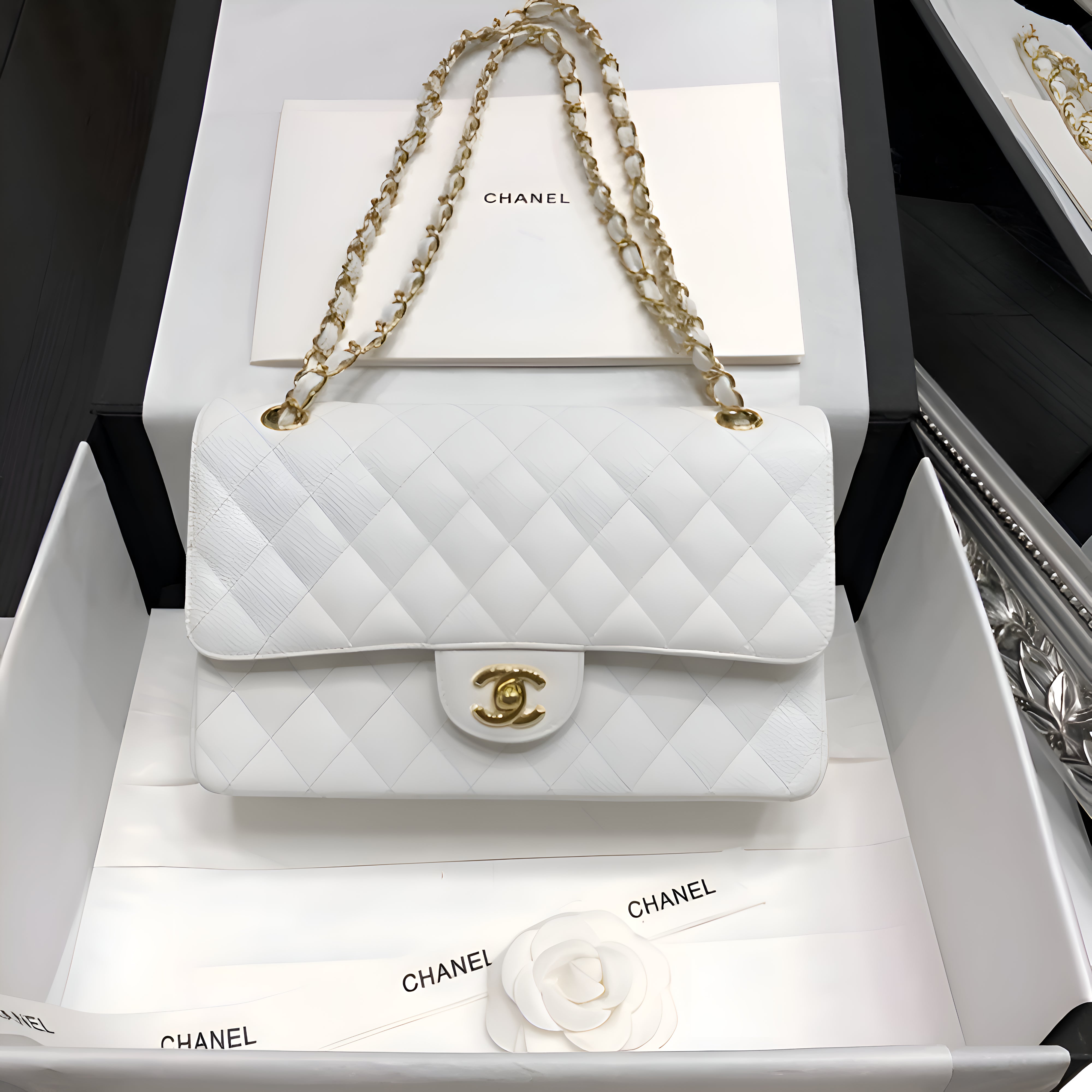 Chanel Classic Flap White Medium Lambskin With OG Box & Dust Bag 1119 White Gold