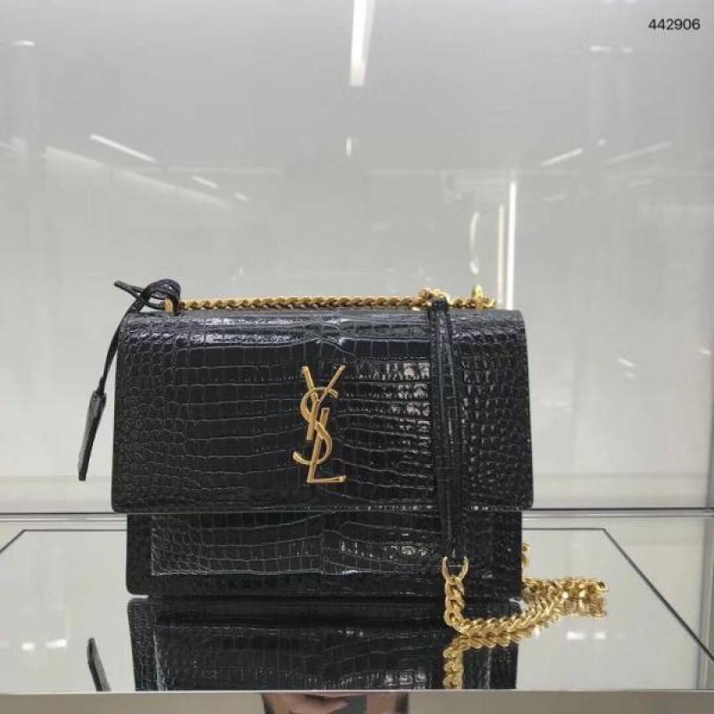 Ysl Saint Laurent Sunset bag Black Croc Embossed Leather With OG Box Dust Cover 25041 Black