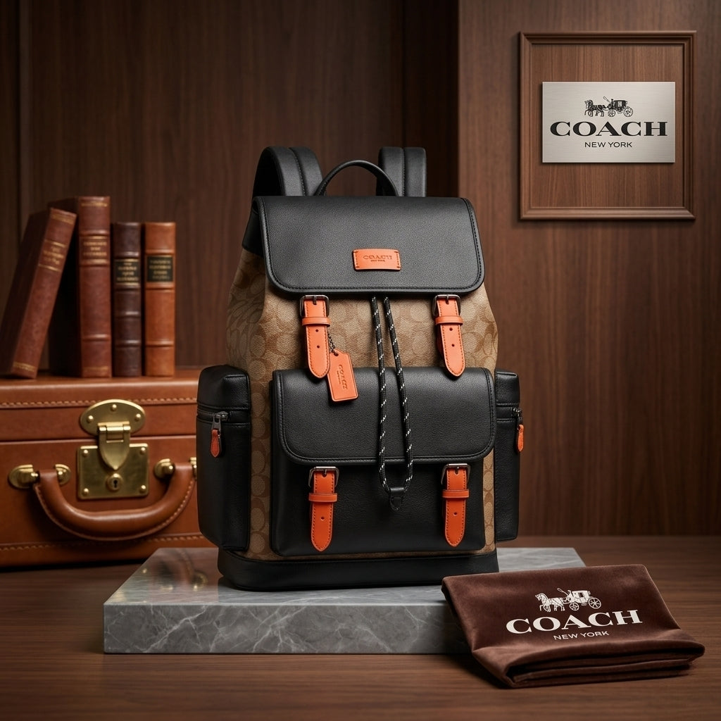 Coach Unisex Rivington Backpack Apricot Black Orange Sprint Leather With Dust Bag 059 Apricot Black Orange