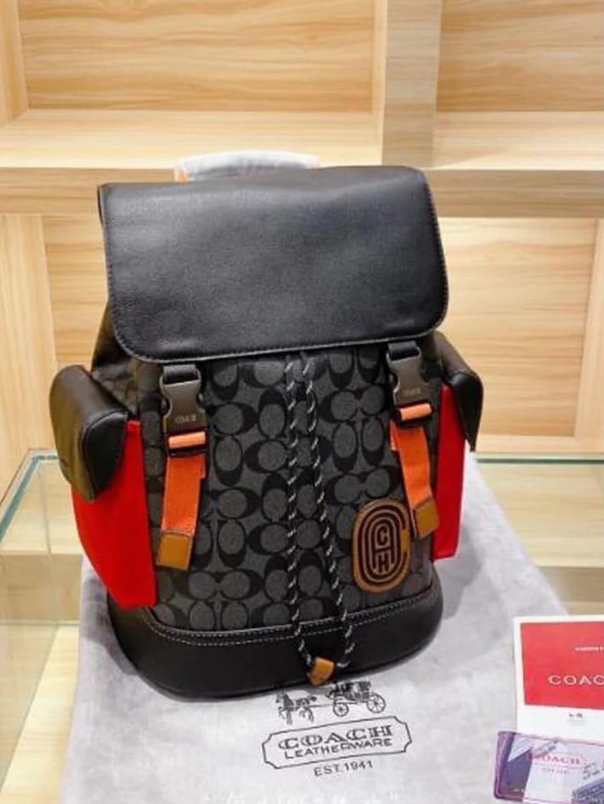 Coach Black-Red Rivington ColorBlock Unisex Backpack With DustCover