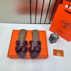 Hermes Paris Oran Flats Croc Leather White For Her With OG Box & Carry Bag Maroon Slide