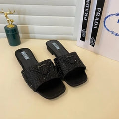Prada Crystal Diamond Rhinestone Slides With OG Box & Dust Bag (All Black)