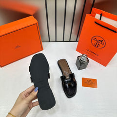 Hermes Paris Oran Flats Croc Leather Black For Her With OG Box & Carry Bag Black Slide