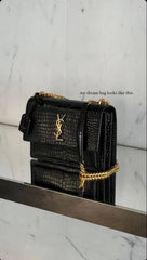 Ysl Saint Laurent Sunset bag Black Croc Embossed Leather With OG Box Dust Cover 25041 Black