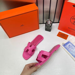 Hermes Paris Oran Flats For Her With OG Box & Carry Bag Fuchsia Pink Slide H38-13