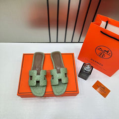 Hermes Paris Oran Flats For Her With OG Box & Carry Bag Green Slide H38